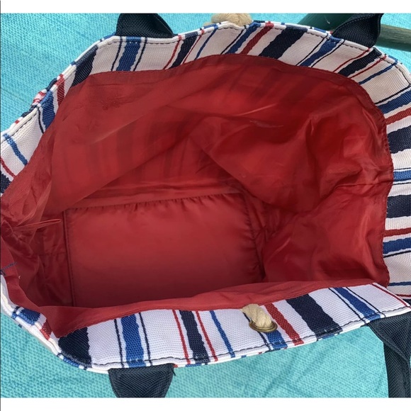 Unbranded Multi Colored Striped Tote Bag Red Interior Black Handles Casual - Picture 7 of 9